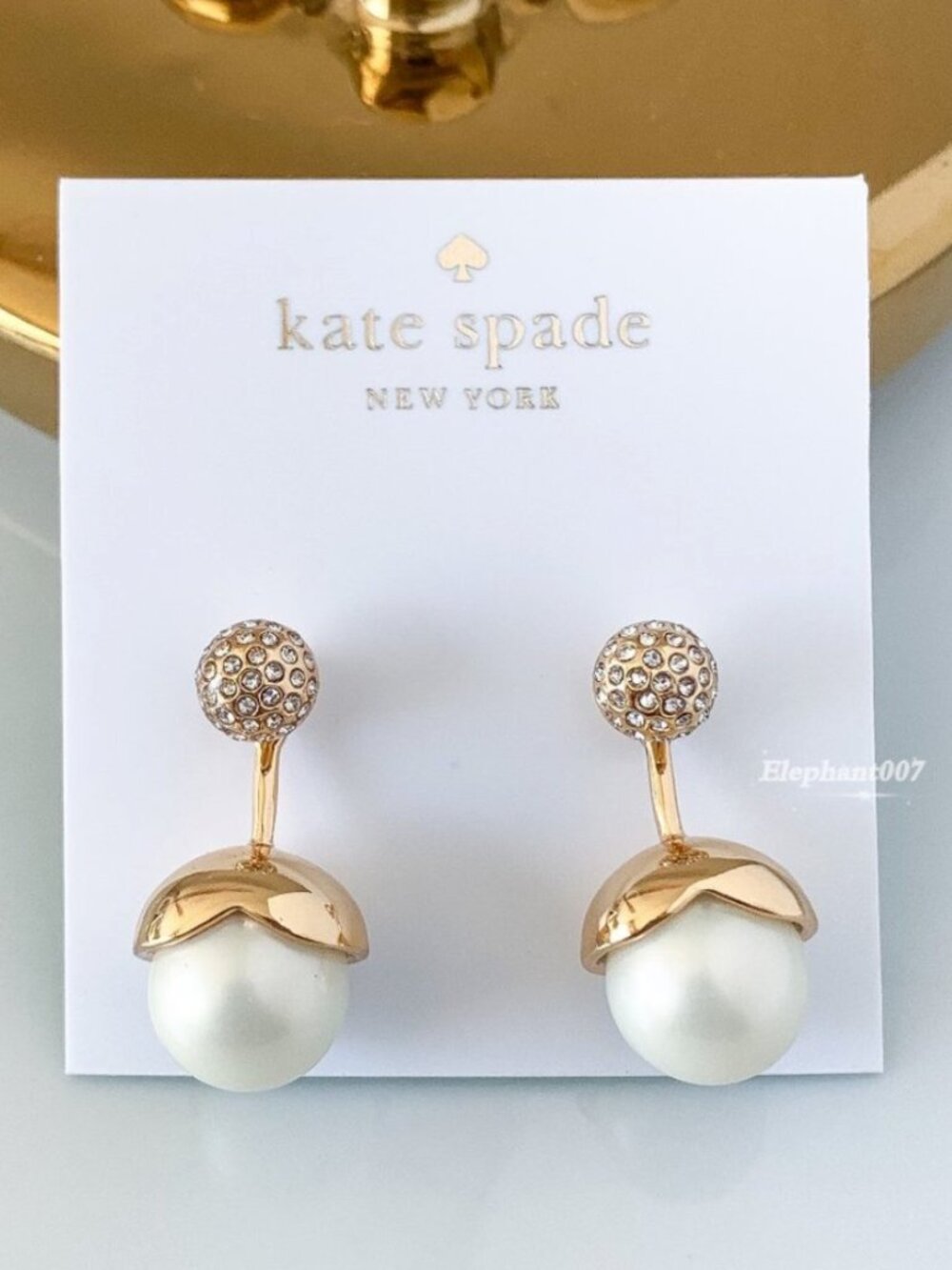 Kate Spade Pearl Acorn Earrings Gold Tone Crystal Stud Front Back Earrings